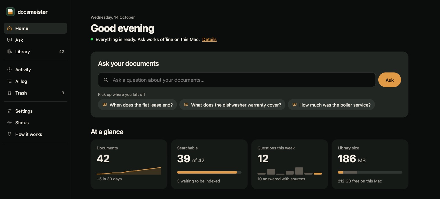Design mockup of the docs-meister Home screen in dark mode: a greeting, an “Ask your documents” box with suggested questions, and library figures such as 42 documents, 39 of them searchable.
